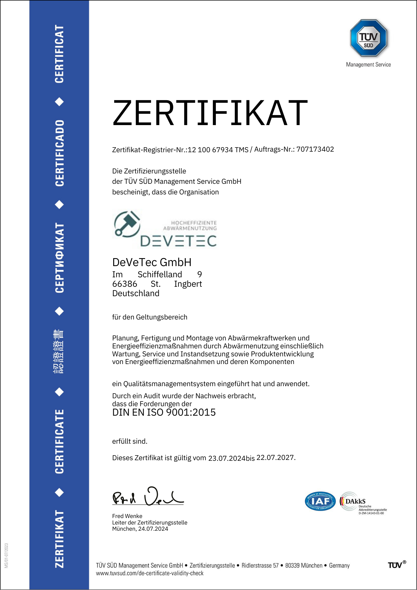 Zertifizierung DIN ISO 9001 2015