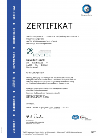 Bild von Zertifikat der DIN EN ISO 45001:2018 Zertifizierung der DEVETEC GmbH