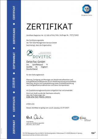 Bild von Zertifikat der DIN EN ISO 9001:2015 Zertifizierung der DEVETEC GmbH